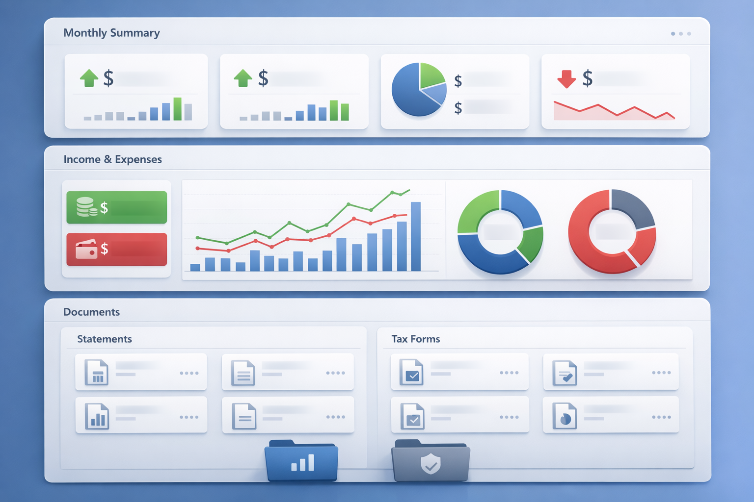 Clean financial dashboard displaying monthly statements and tax documents with clear metrics